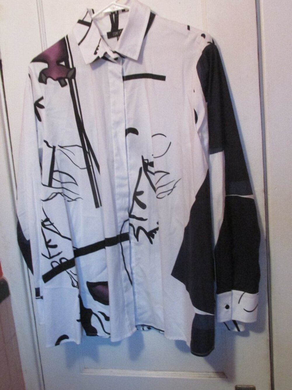 Comfy USA Abstract Art to Wear Long Sleeve Button Down Zipper Tunic Top Large L